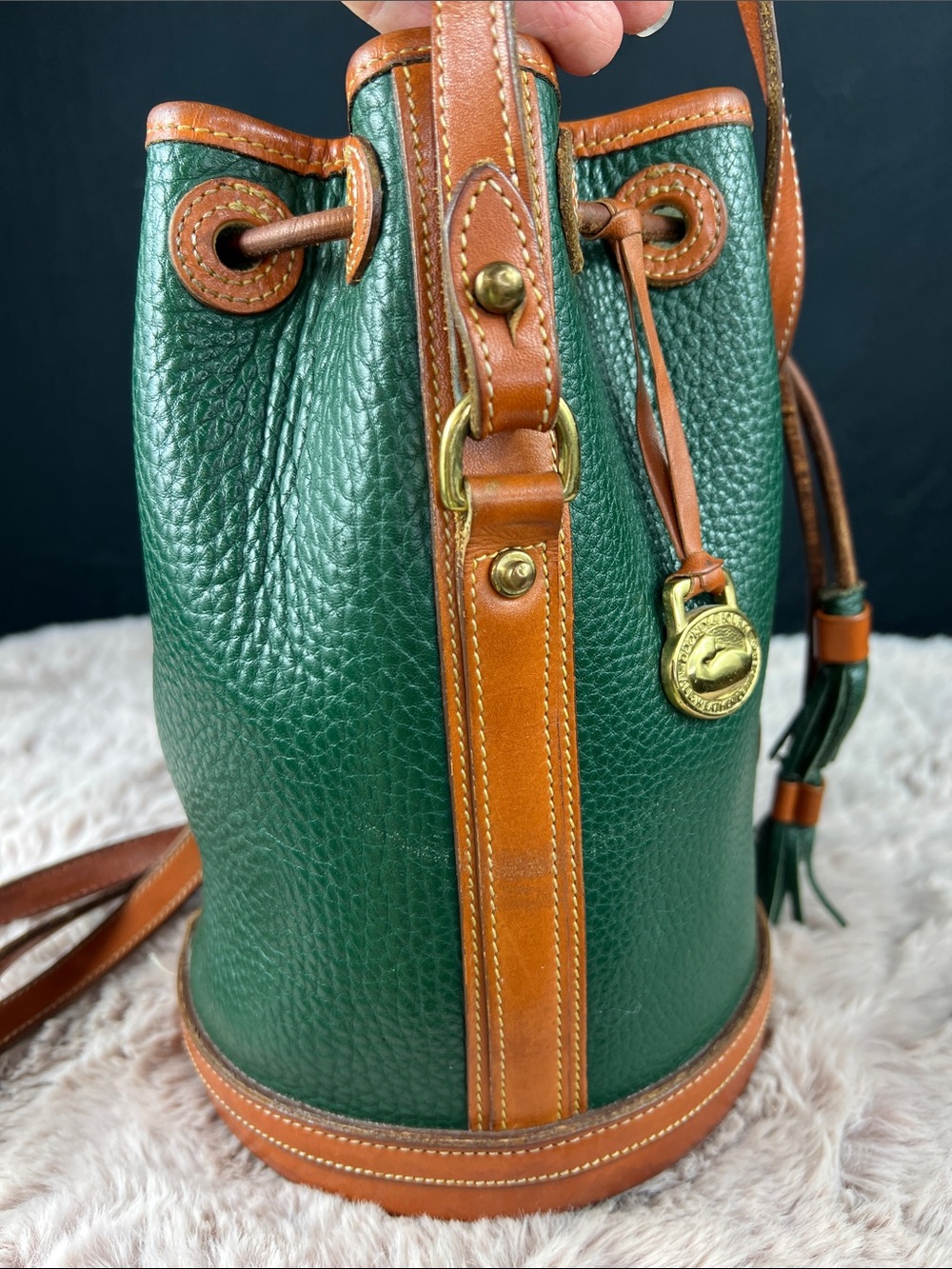 Dooney & Bourke Green and Brown Pebbled Leather Drawstring Crossbody Bag - Picture 4 of 12